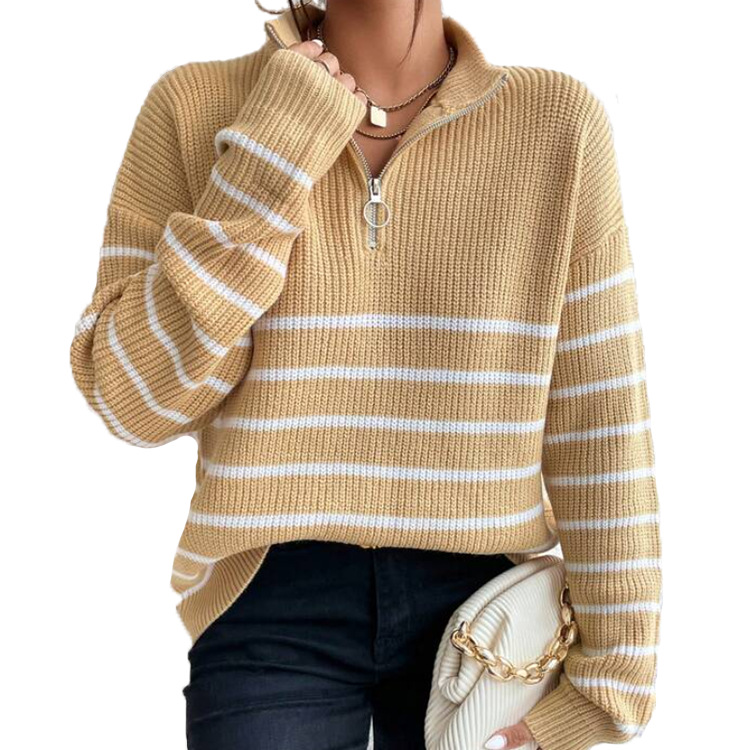 Frenchy Striped Drop Shoulder Zipper Front Long-Sleeve Women's Top Zipper Pullover Sweater