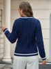 V-neck Color Collision Sweater Fashion Loose Twisted Tops Striped Trim Cable Knit Drop Shoulder Sweater