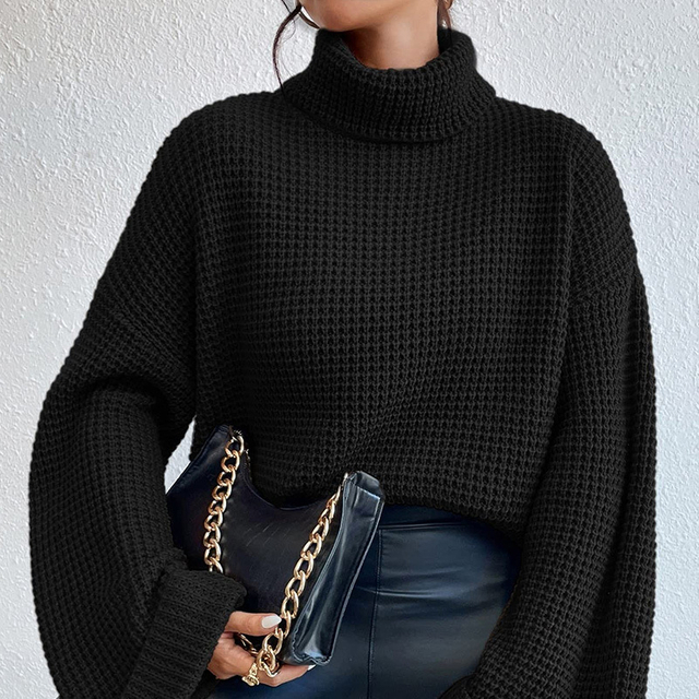 Turtleneck Drop Shoulder Waffle Knit Sweater