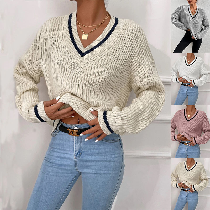 Frenchy Striped Trim Drop Shoulder Cricket V Neck Sweater