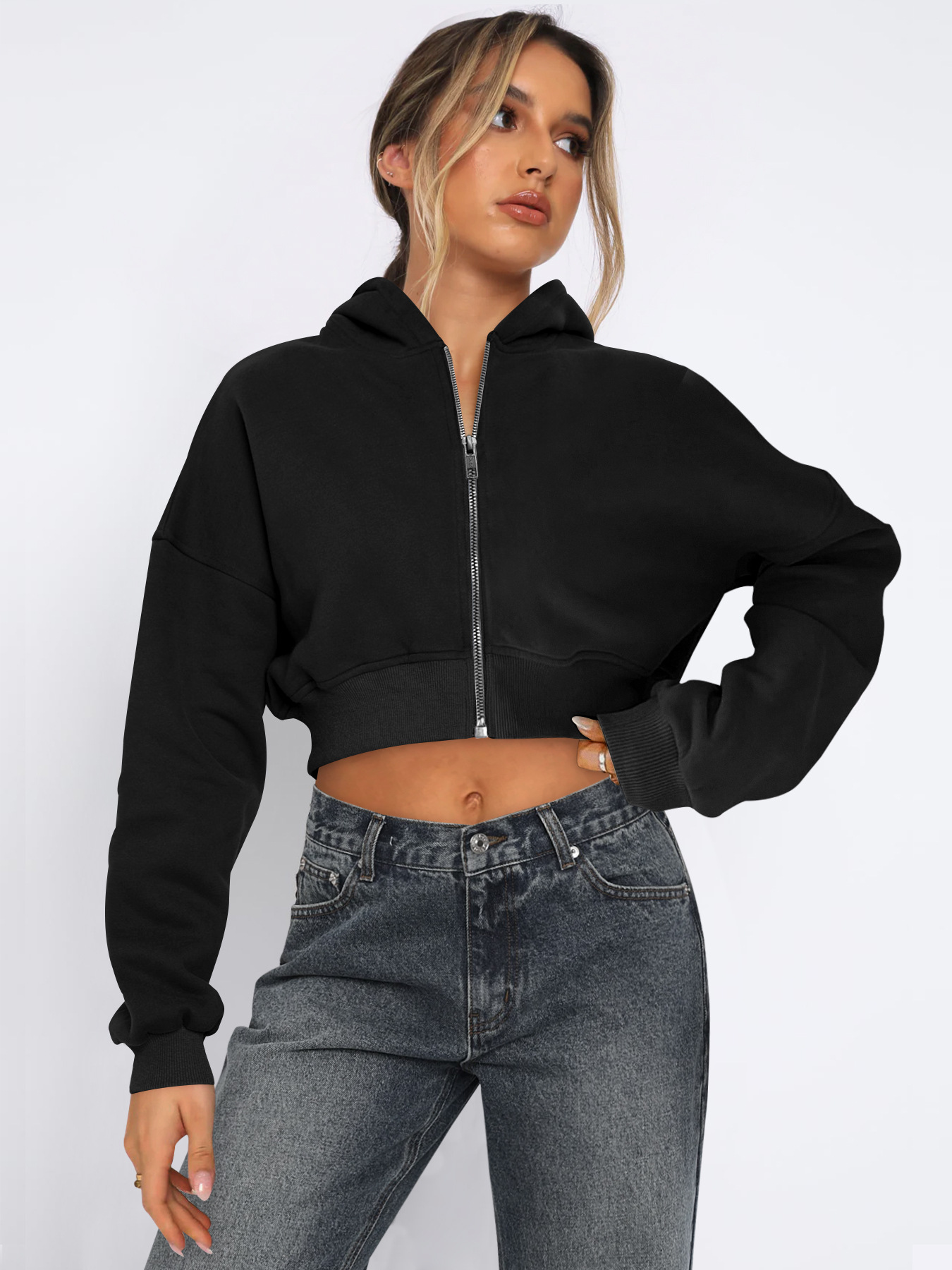 French Terry Full Zip Up Open Drop Shoulder Hooded Autumn Over Size Hoodies for Women