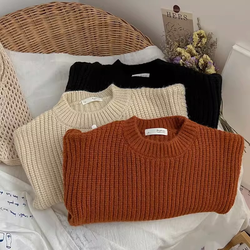 100% Cotton Custom Knit Long Sleeve Warm Baby Pullover Sweater Solid Color Toddler Girls' Wholesale for Winter Season