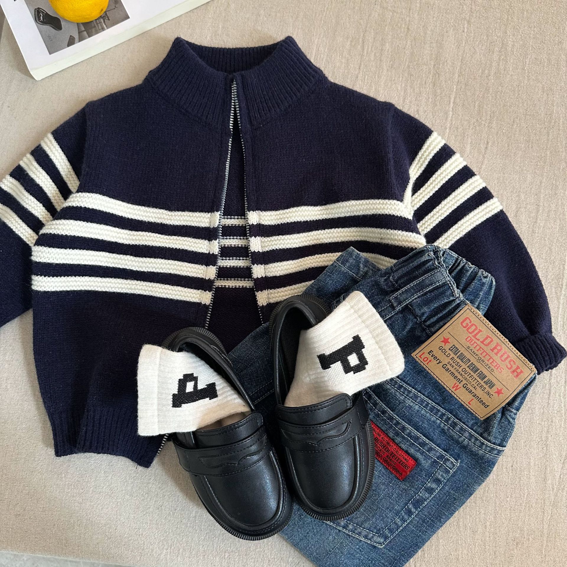 Winter Coat Kids Long Sleeve Zip Full Placket Cotton Knitted Children Sweater