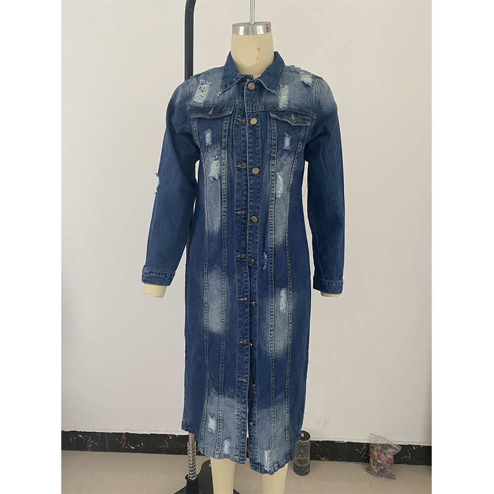 Retro Loose Long Coat Dark Washed Denim Jacket Woman