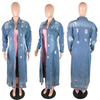Winter Ripped Denim Cardigan Coat Turn Down Collar Long Jacket Fashion Ladies Long Denim Coat