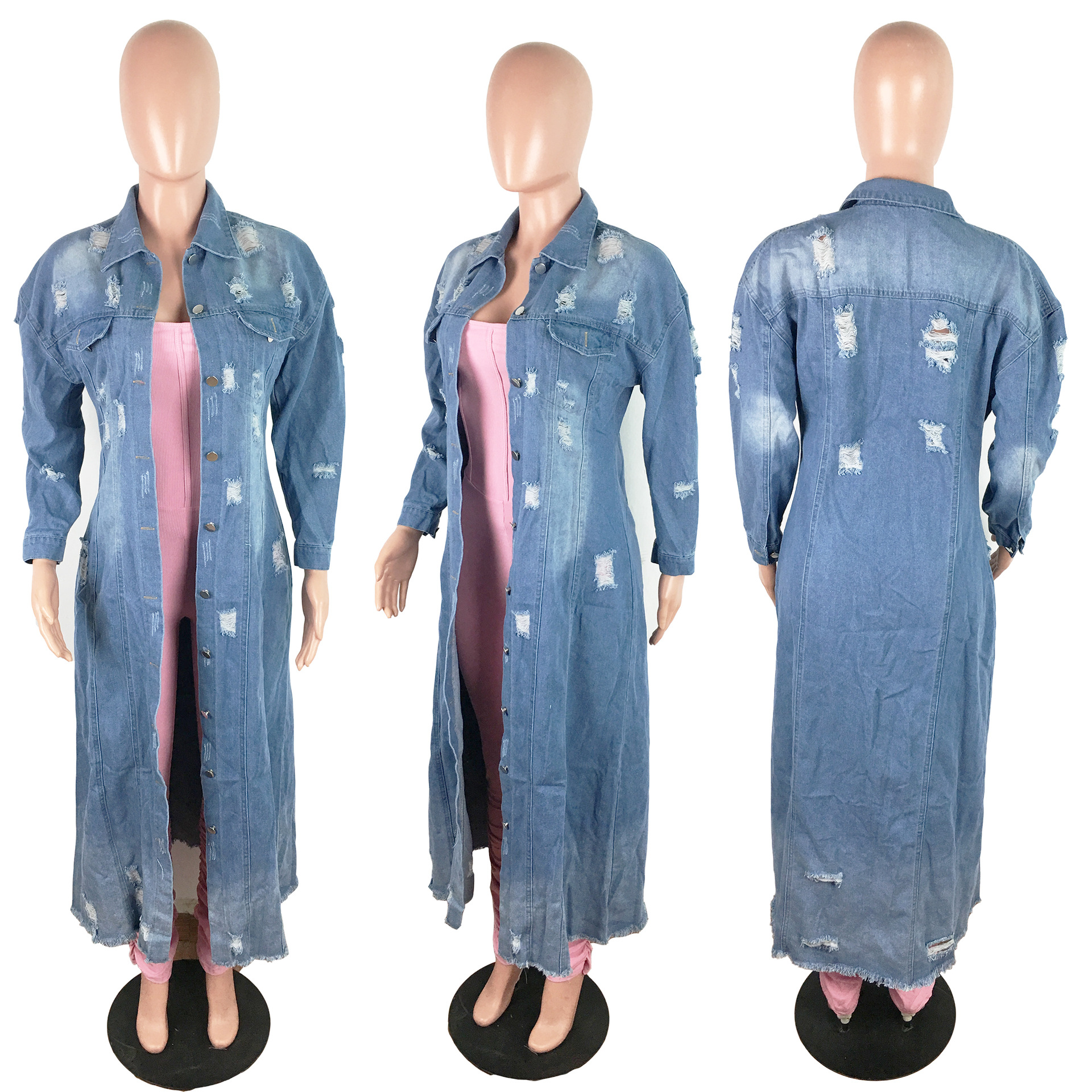 Winter Ripped Denim Cardigan Coat Turn Down Collar Long Jacket Fashion Ladies Long Denim Coat