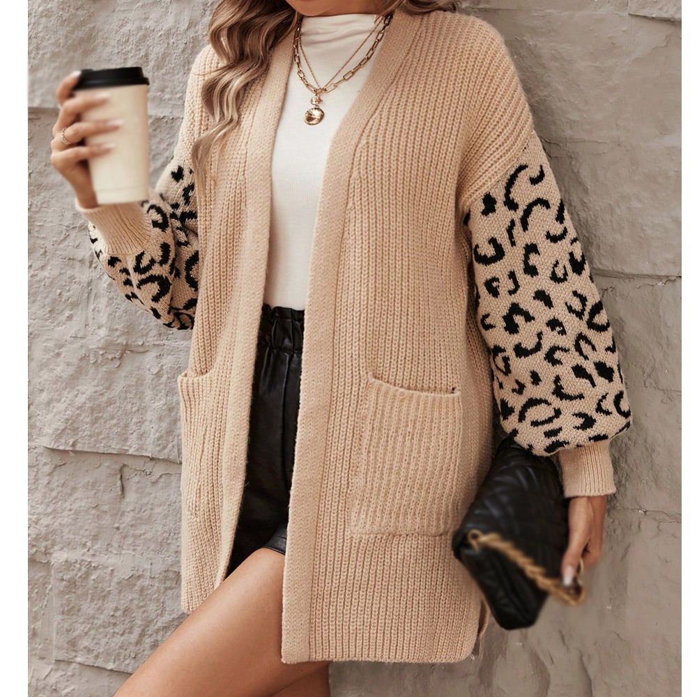 Leopard print jacquard spliced knitted cardigan fashionable lazy loose sweater for women