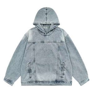 Custom Print Logo No String Acid Wash Hoodie Cotton Thick Design Streetwear Heavyweight Denim Oversize Men Hoodie