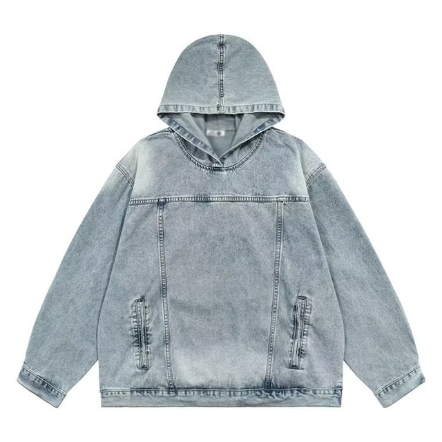 Custom Print Logo No String Acid Wash Hoodie Cotton Thick Design Streetwear Heavyweight Denim Oversize Men Hoodie