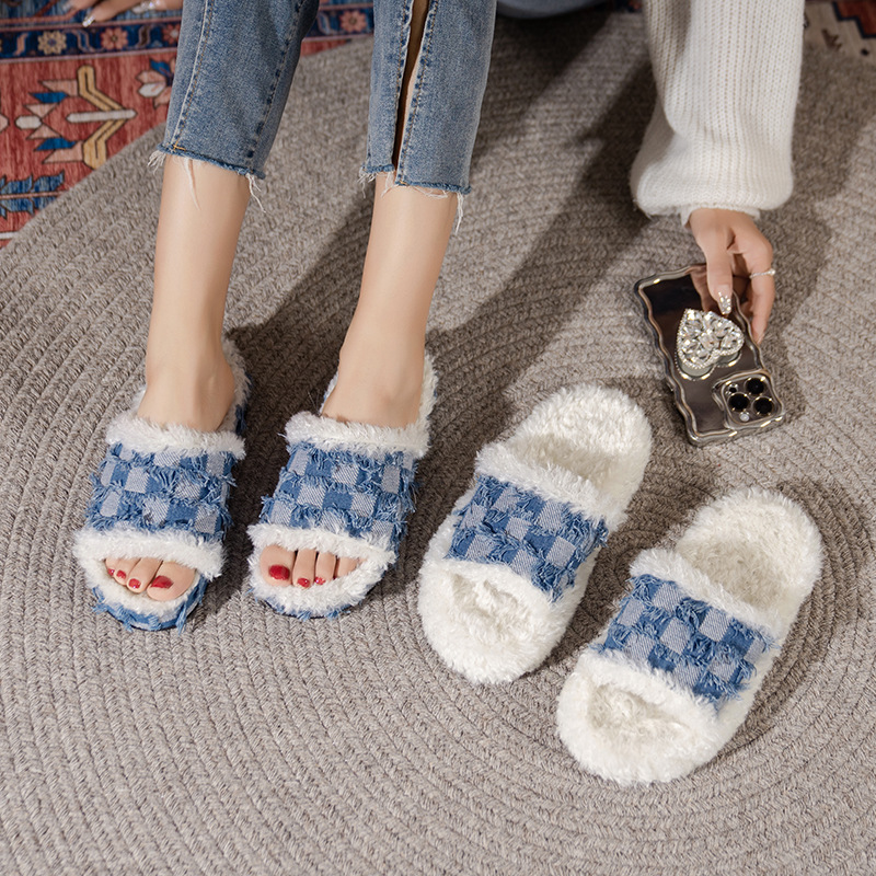Customized Winter Plush Indoor Home Bedroom Flat Slippers Shoes Designer Slippers For Women