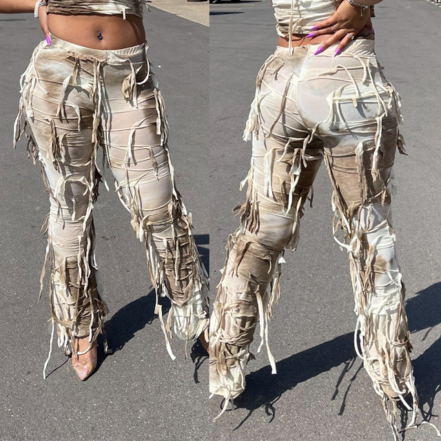 Women Stretch Latest Trendy High Street Tie Dye Baggy Pants With Ripped Fringe Design Chic Y2k Pants Women Streetwear