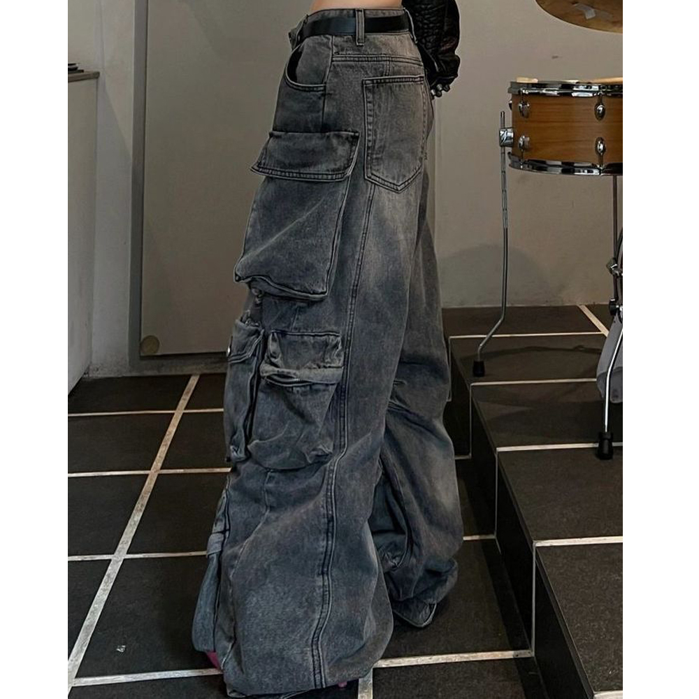 Multi Pockets Women Wide Leg Jeans Denim Pants Side Pocket Cargo Pant Baggy Jeans