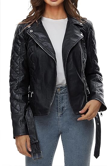 Faux Leather Jacket for Women, Moto Biker Motocycle Coat Lightweight Blazer 
