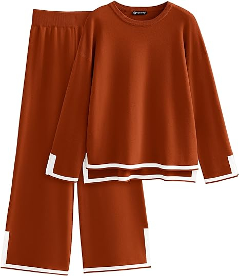 Women's 2 Piece Knit Sweater Set Casual Long Sleeve Pullover Wide Leg Pants Sweatsuit Tracksuit Outfit