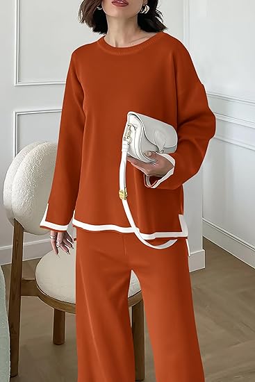 Women's 2 Piece Knit Sweater Set Casual Long Sleeve Pullover Wide Leg Pants Sweatsuit Tracksuit Outfit