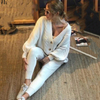 Women Clothing Fashion V Neck Solid Color Button Thickened Suit Sweater for Women