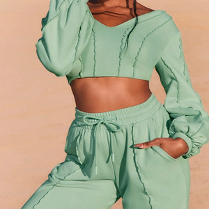Long Sleeve V Neck Crop Top Sweat Suit + 2 Piece Sweatshirt Jogger Pants Set Women
