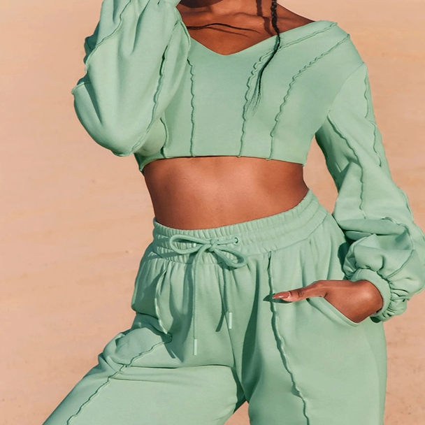 Long Sleeve V Neck Crop Top Sweat Suit + 2 Piece Sweatshirt Jogger Pants Set Women