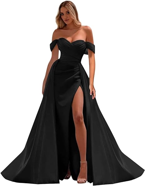 Off The Shoulder Prom Dresses Mermaid Ruched Split Ball Gowns for Women Formal Dress Long Satin