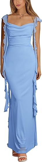 Womens Sleeveless Ruffle Party Maxi Bodycon Dresses