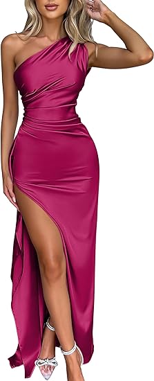 Women's Sexy One Shoulder Satin High Split Wedding Party Maxi Dress