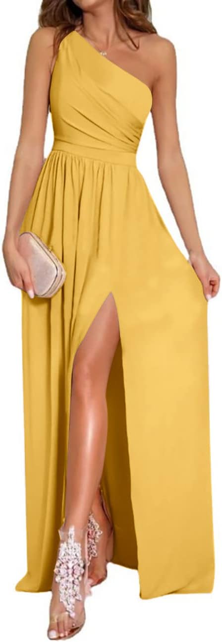 Women's One Shoulder High Split Sleeveless Ruched Sexy Cocktail Maxi Long Dress