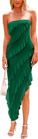 Womens Strapless Tube Asymmetrical Ruffle Maxi Bodycon Dress