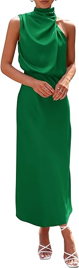 Women's 2024 Summer Satin Dress Elegant Sleeveless Mock Neck Cocktail Party Maxi Dresses
