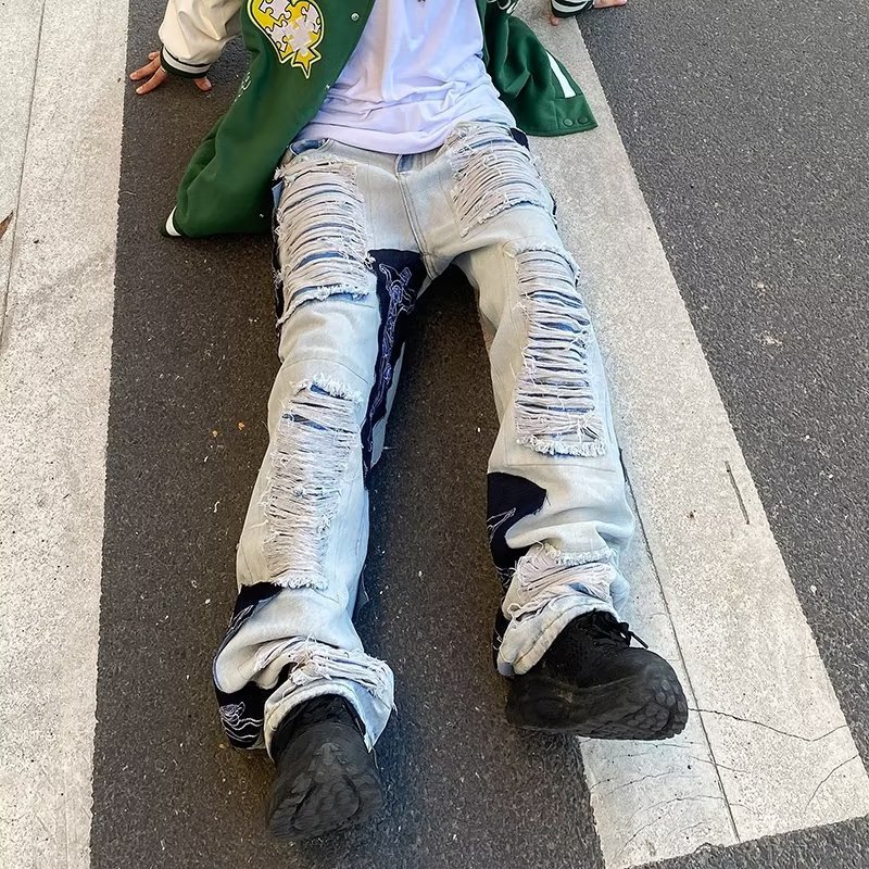 Hip Hop Custom Men's Jeans Ripped Baggy Pants Stacked Patchwork Denim Stacked Jeans Men Stacked Jeans