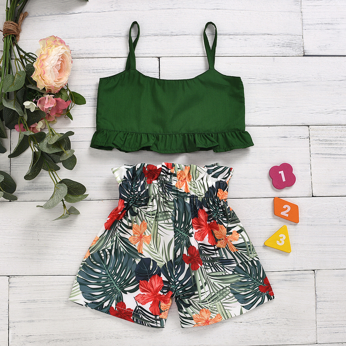 Toddler Kids Baby Girls Summer Outfits Clothes Girls T-shirt Leaves Short Pants Casual 2PCS Set