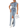 Denim Vintage Skirt Outfits Sexy Women Two Pieces Jeans Casual Matching Set Top+Split Skirts