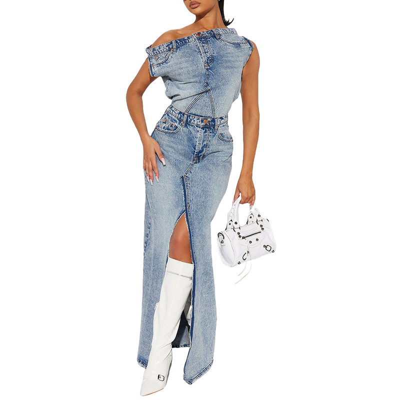 Denim Vintage Skirt Outfits Sexy Women Two Pieces Jeans Casual Matching Set Top+Split Skirts