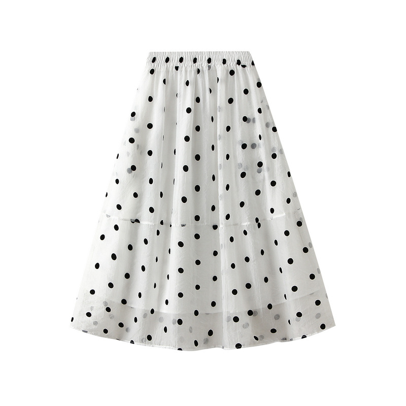 Dot Printed Women Elegant Elastic Waist Skirt Elastic High Waisted A-Line Female 2024 Spring Satin Long Skirt