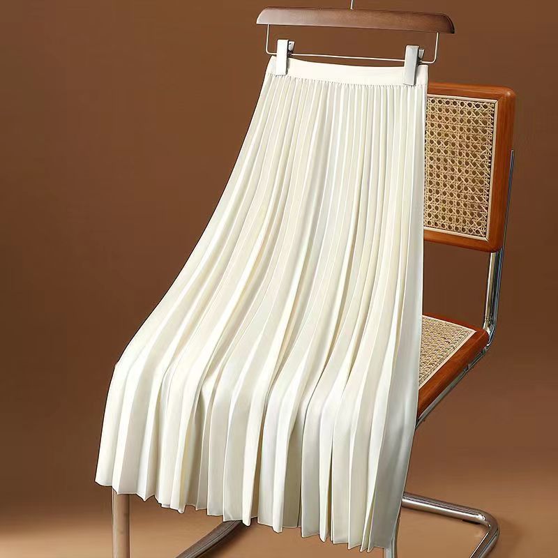New Trendy High Waist Loose Long Skirt Women Solid Color Elegant Pleated Skirt