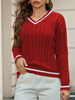 V-neck Color Collision Sweater Fashion Loose Twisted Tops Striped Trim Cable Knit Drop Shoulder Sweater