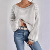 Women's Striped Casual Knitted Sweater Striped Pattern Off Shoulder Lantern Sleeve Sweater