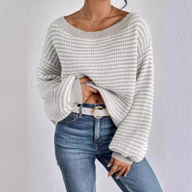 Women's Striped Casual Knitted Sweater Striped Pattern Off Shoulder Lantern Sleeve Sweater