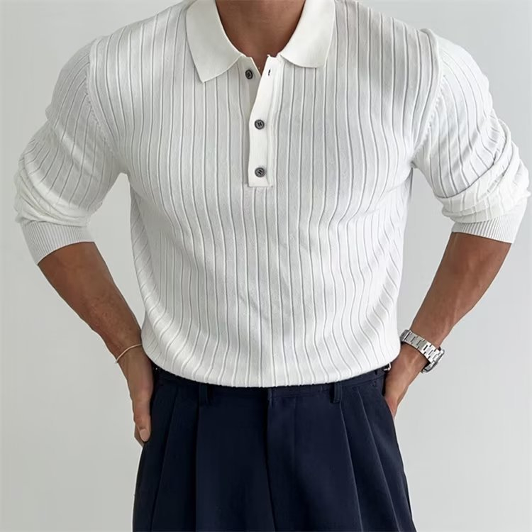  Retro Slim Polo Shirt Pit Stripe Lapel Knit Teenage Knitwear Men's Sweater