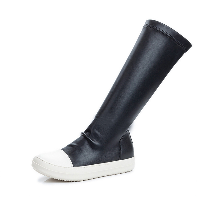 New Round Head Flat over The Knee Boots Size 44 White Bottom Thigh Knee High Black Pu Leather Boot for Ladies Women