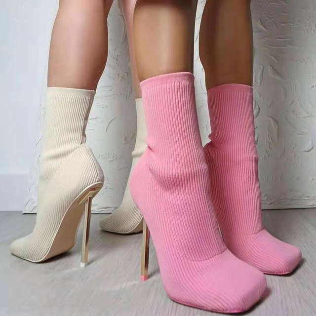 Stretch Heeled High Heel Boots Square Toe Sexy Stiletto Knitted Ankle Sock Boots for Women