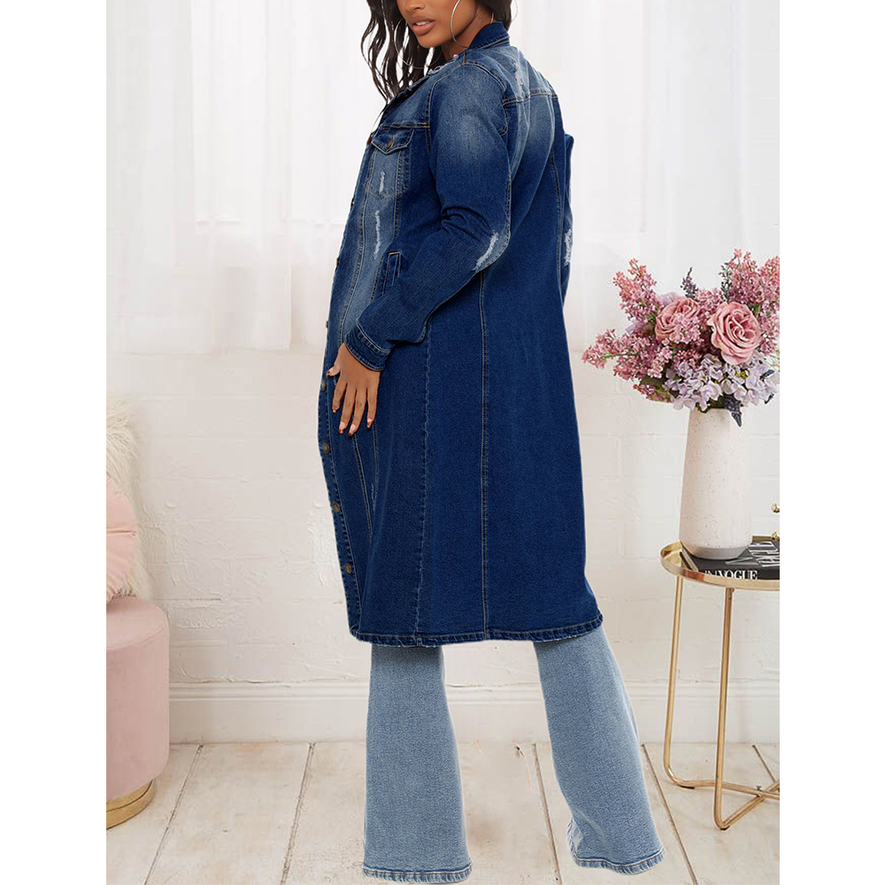 Retro Loose Long Coat Dark Washed Denim Jacket Woman