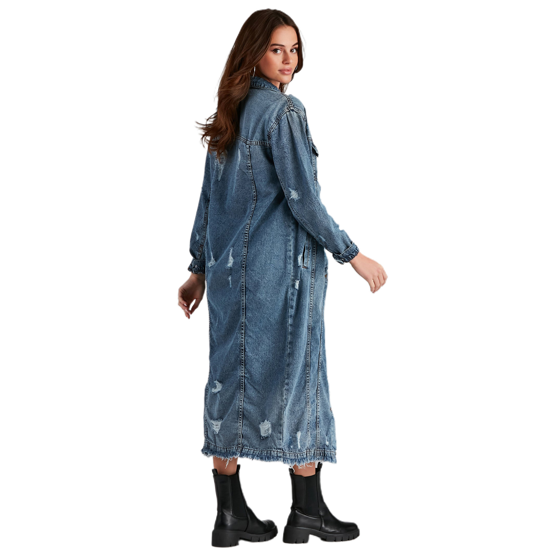 Plus Size Denim Jacket Women's Solid Color Tassel Breasted Ripped Hole Long Denim Trench Coat