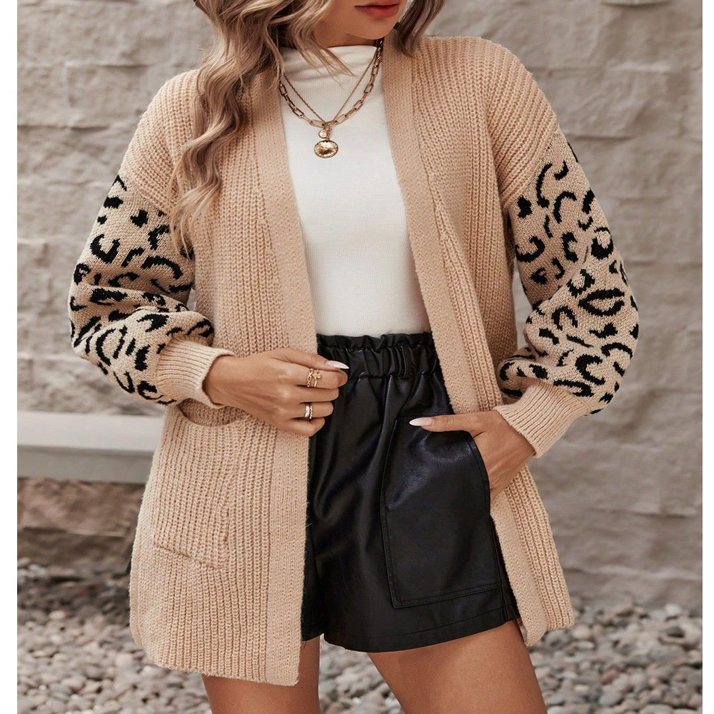 Leopard print jacquard spliced knitted cardigan fashionable lazy loose sweater for women