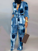 Deep V-neck Women's Printed Elastic Waist Pocket Office Ladies Casual Loose Plus Size Highwaist Casual Straight Women Jumpsuit