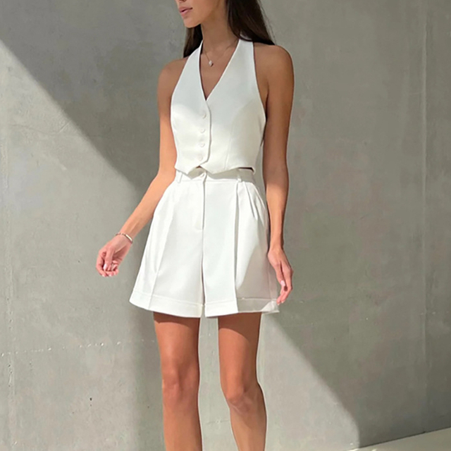 Summer Office Shorts Suits Elegant Cotton V-Neck Sleeveless Tank Tops High Waist Shorts 2-Piece Sets Outfits