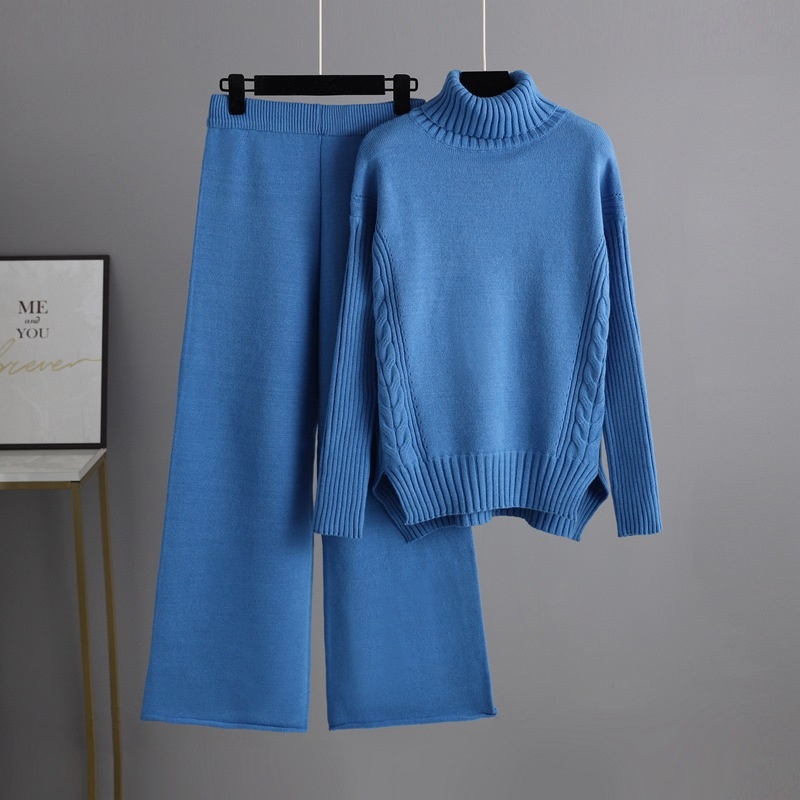  Sweater Wide Leg Pants Turtleneck Heavy Sweater Two Piece Set Women Clothing