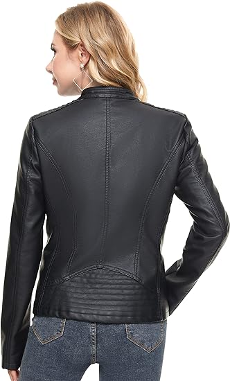 Leather Jacket for Women Faux Stand Collar Zip Up Motorcycle Short PU Moto Biker Outwear Coat