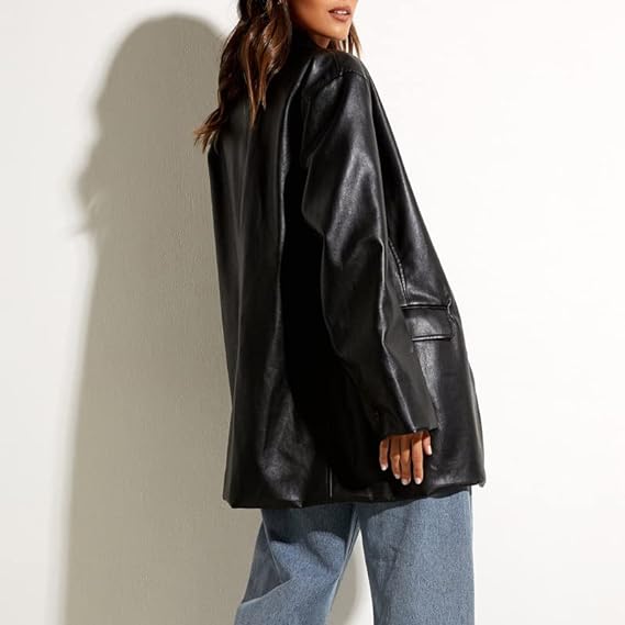 Women Leather Jacket Oversized Faux Leather Blazer Button Down Lapel Coat with Pockets Vintage Streetwear