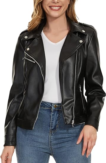 Faux Leather Jacket for Women, Moto Biker Motocycle Coat Lightweight Blazer 