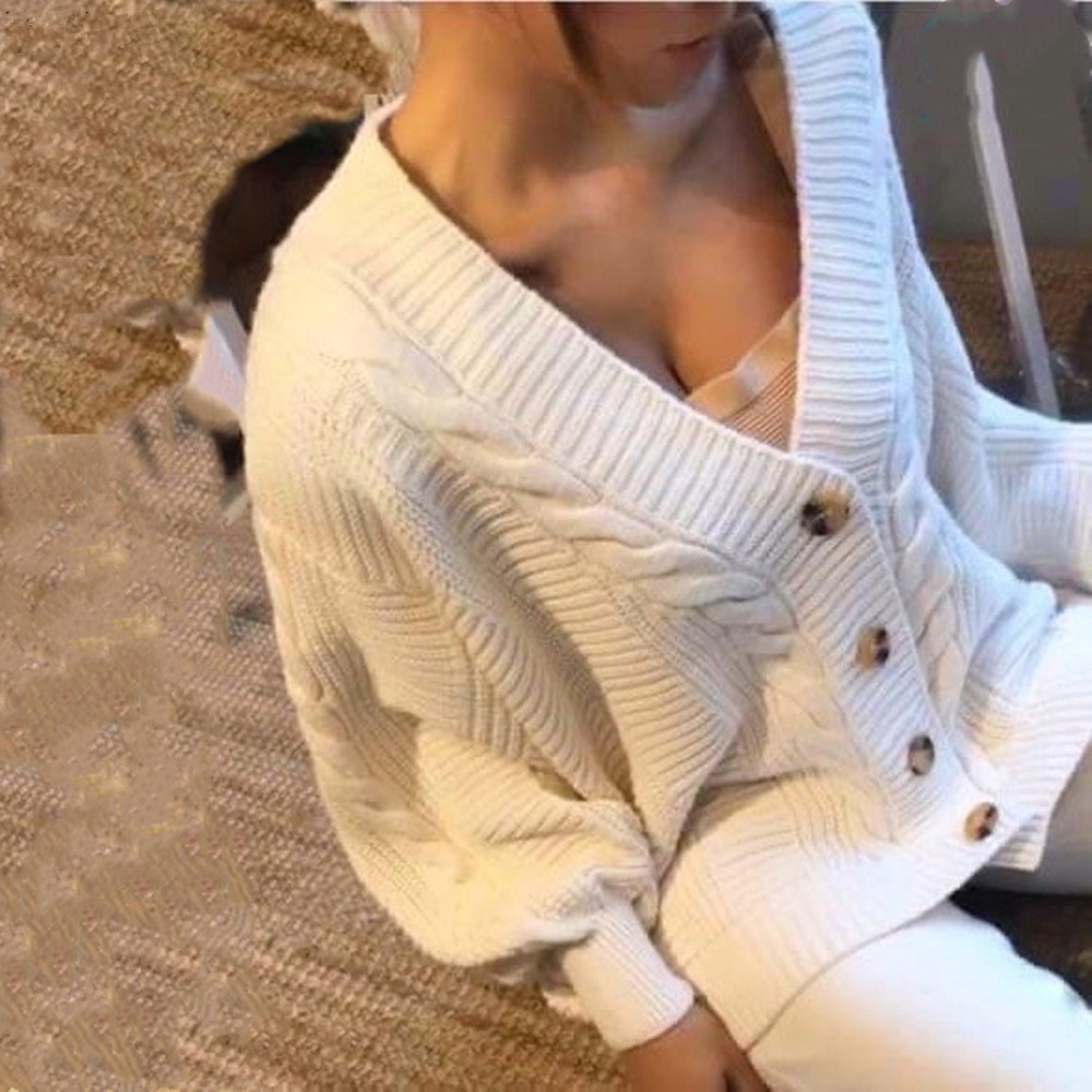 Women Clothing Fashion V Neck Solid Color Button Thickened Suit Sweater for Women